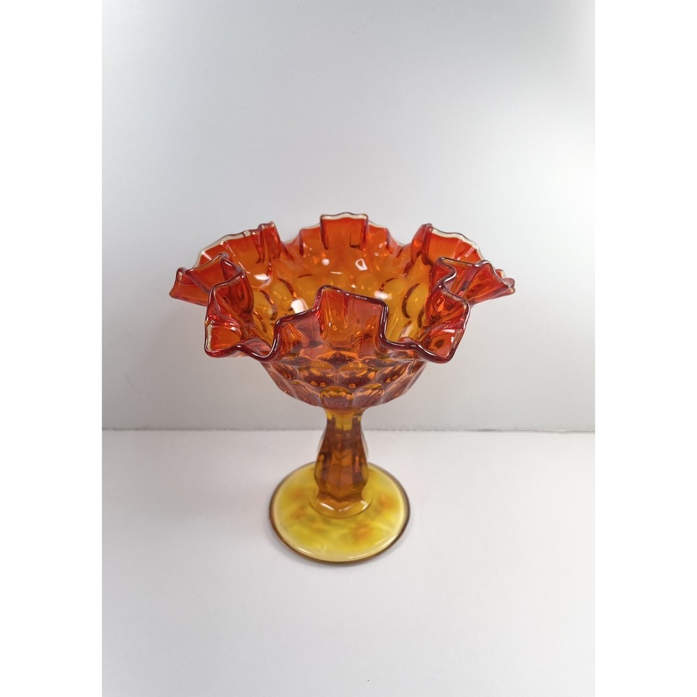 Vintage Fenton Amberina Orange Yellow Ruffled Rim Pedestal Compote Candy Dish